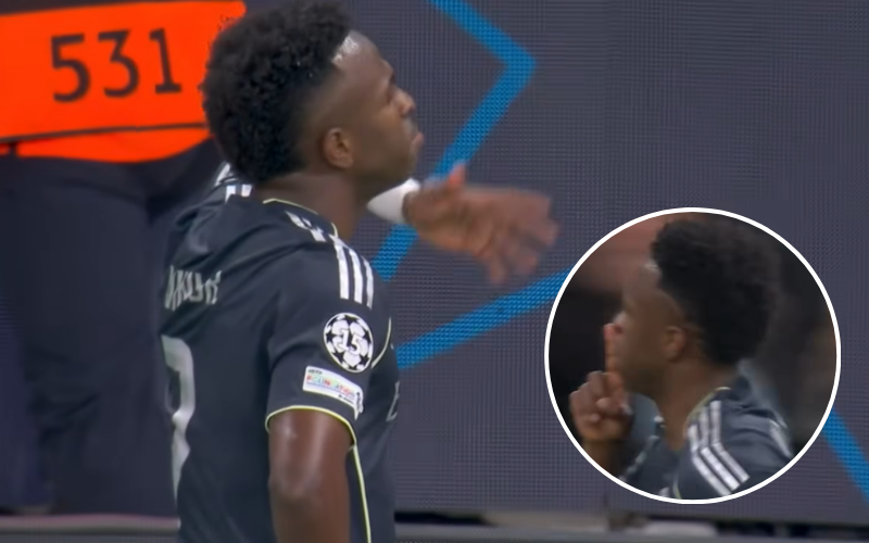 Vinicius celebrando ante la afición del Manchester City. Captura de pantalla.