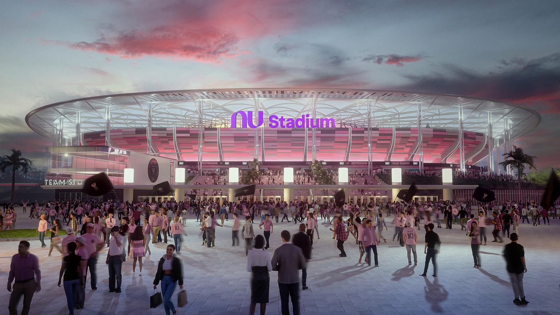 Fotografía cedida por el Inter Miami CF que muestra una ilustración conceptual del nuevo estadio de fútbol 'Nu Stadium'. El nuevo estadio de fútbol del Inter Miami se llamará de forma oficial Nu Stadium, como el banco digital brasileño Nu, que busca expandirse en Estados Unidos, anunciaron este miércoles ambas organizaciones a un mes de que se inaugure el recinto. EFE/ Inter Miami CF /SOLO USO EDITORIAL/ NO VENTAS/ SOLO DISPONIBLE PARA ILUSTRAR LA NOTICIA QUE ACOMPAÑA (CRÉDITO OBLIGATORIO)