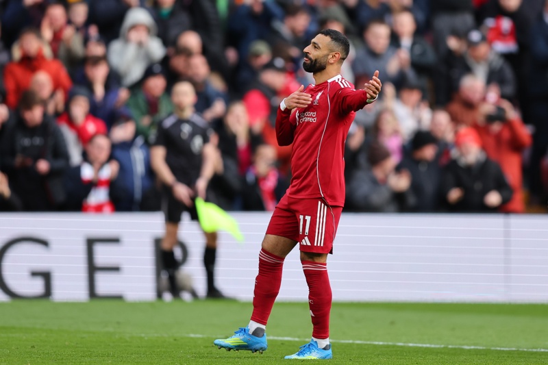 LIVERPOOL (United Kingdom), 11/04/2026.- Mohamed Salah of Liverpool celebrates scoring the 2-0 goal during the English Premier League soccer match between Liverpool FC and FC Fulham, in Liverpool, Britain, 11 April 2026. (Reino Unido) EFE/EPA/ASH ALLEN EDITORIAL USE ONLY. No use with unauthorized audio, video, data, fixture lists, club/league logos, 'live' services or NFTs. Online in-match use limited to 120 images, no video emulation. No use in betting, games or single club/league/player publications.