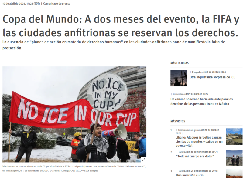 HRW denuncia falta de planes de derechos humanos para el Mundial 2026 HRW denuncia falta de planes de derechos humanos para el Mundial 2026