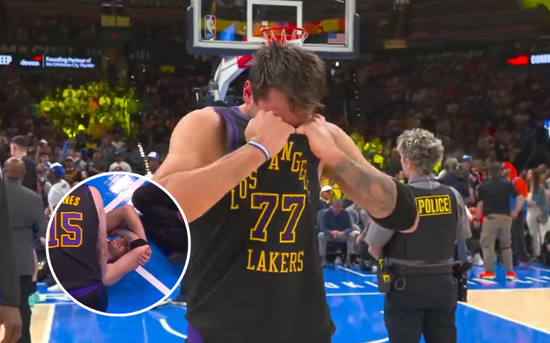 Luka Doncic sale lesionado en el partido entre Los Angeles Lakers y Oklahoma City Thunder. Captura de pantalla.
