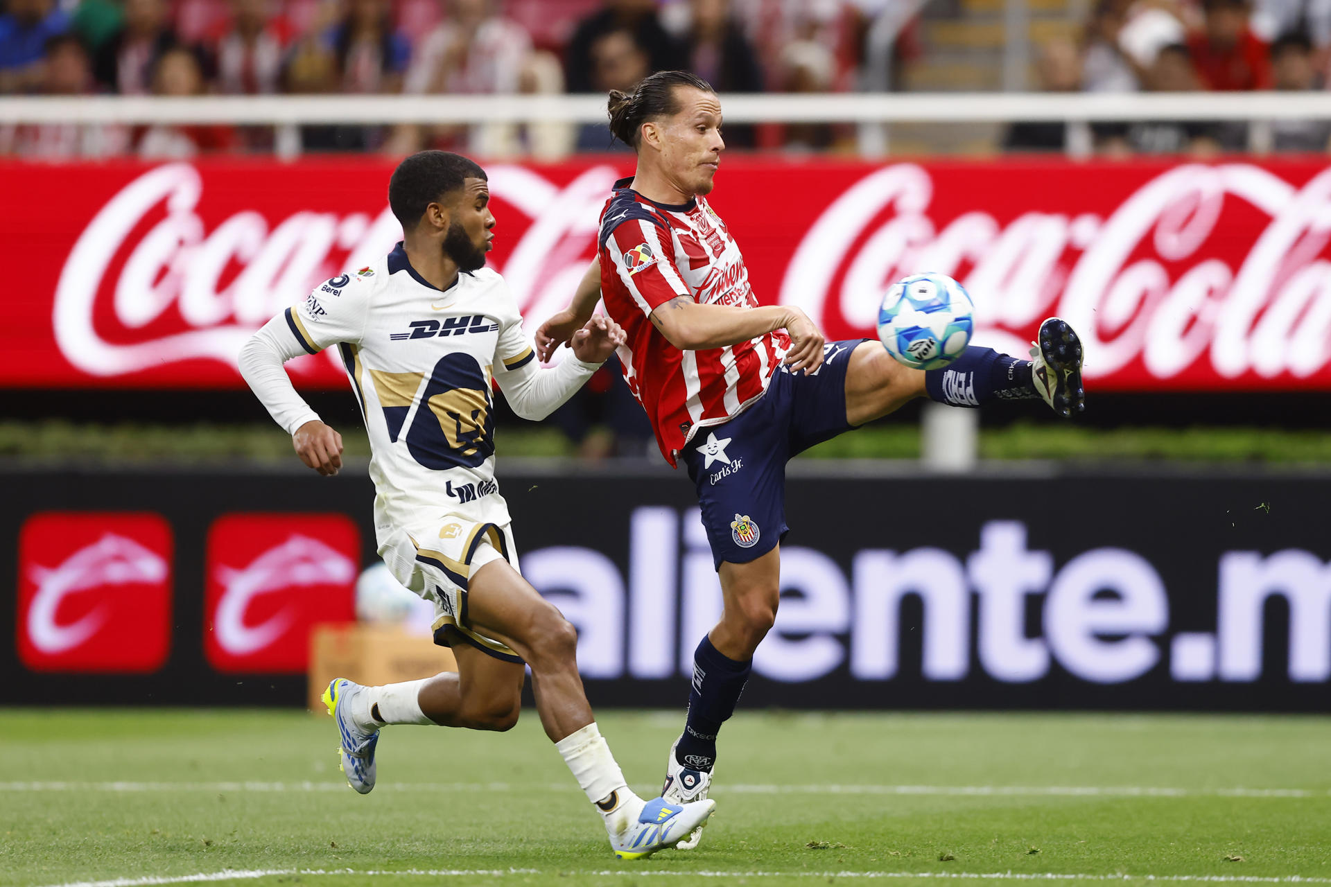 Fernando González (d), de Guadalajara, disputa el balón con Pedro Vite, de Pumas, durante un partido de la Liga MX entre Guadalajara y Pumas, en el Estadio Akron, en Guadalajara, Jalisco (México). EFE/ Francisco Guasco
