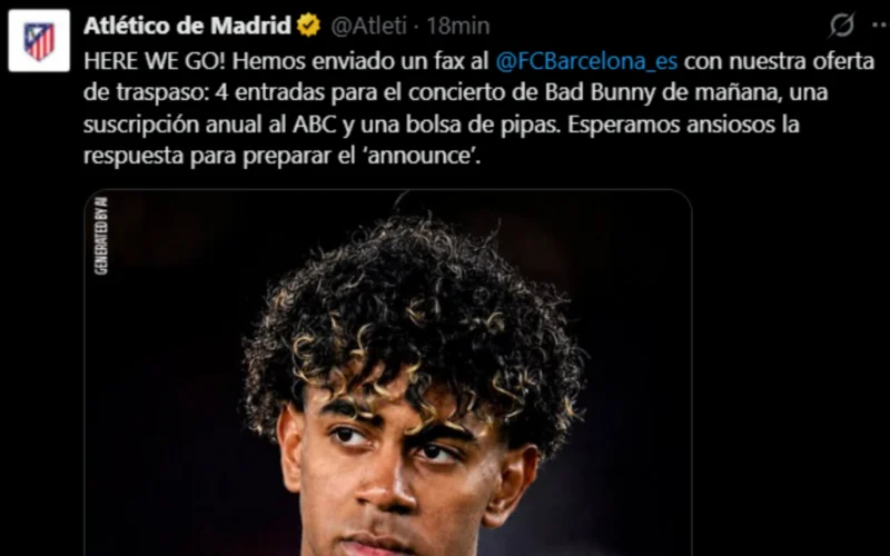 La "burla" del Atlético de Madrid al Barcelona por Lamine Yamal. Captura de pantalla.