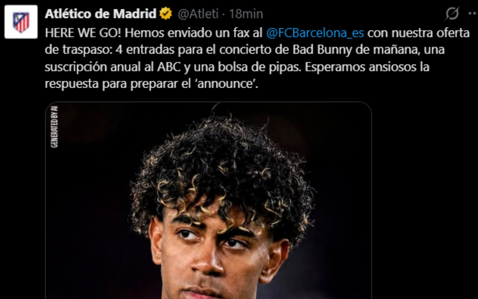 La "burla" del Atlético de Madrid al Barcelona por Lamine Yamal. Captura de pantalla.