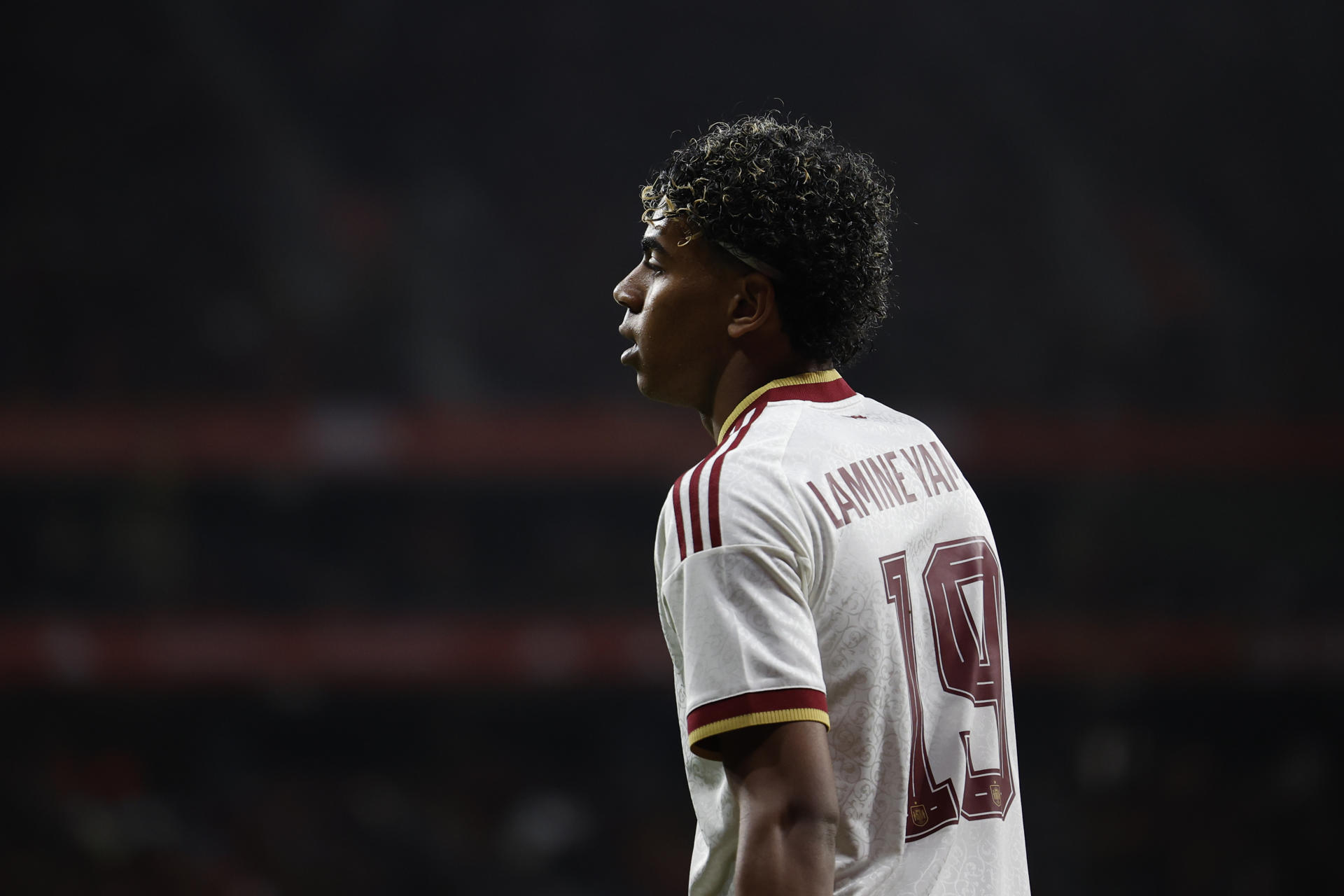 El delantero de la selección española de fútbol Lamine Yamal, durante el amistoso España-Egipto. EFE/Alberto Estévez
