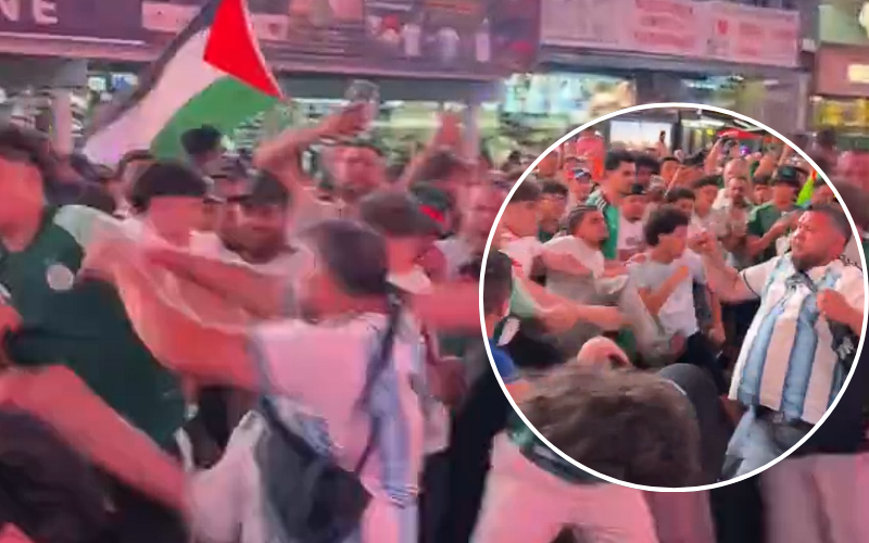 Incidentes entre aficionados de Argentina y Argelia en Times Square. Captura de pantalla.