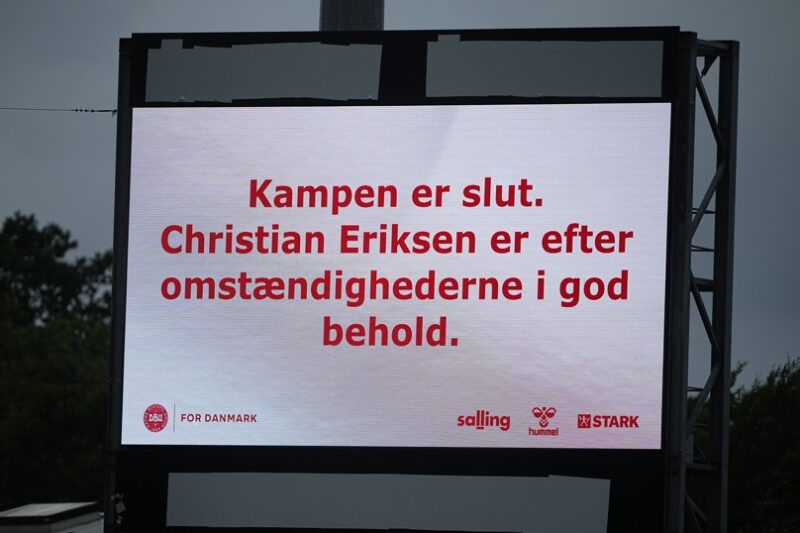 Odense (Denmark), 07/06/2026.- A sign reads "The match is over. Christian Eriksen is in good condition under the circumstances" after the international soccer friendly match Denmark against Ukraine has been whistled off early at Odense Stadium, in Odense, Denmark, 07 June 2026. Danish player Christian Eriksen collapsed on the grass in the second half of match but was able to leave the field on his own. (Futbol, Amistoso, Dinamarca, Ucrania) EFE/EPA/Bo Amstrup DENMARK OUT