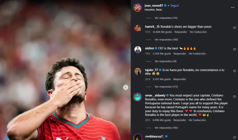 Insultan a João Neves por declarar que Cristiano "es un jugador más" Críticas a Joao Neves en su cuenta de Instagram. Captura de pantalla.