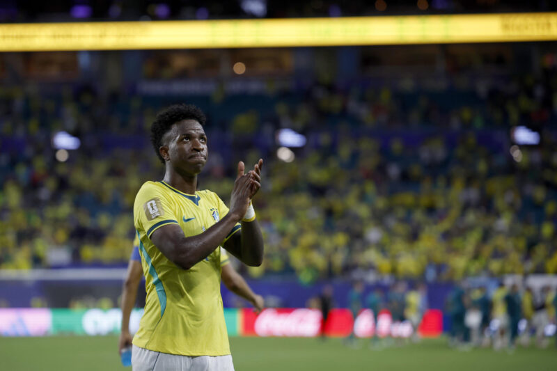 Vinícius Júnior anotó doblete en el triunfo de Brasil por 0-3 ante Escocia en el Mundial 2026, en el estadio Hard Rock en Miami (EE.UU.). EFE/Alberto Estévez
