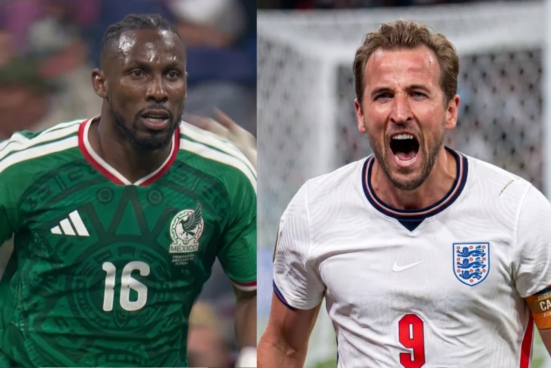 Julián Quiñones (México) y Harry Kane (Inglaterra). Captura de pantalla.