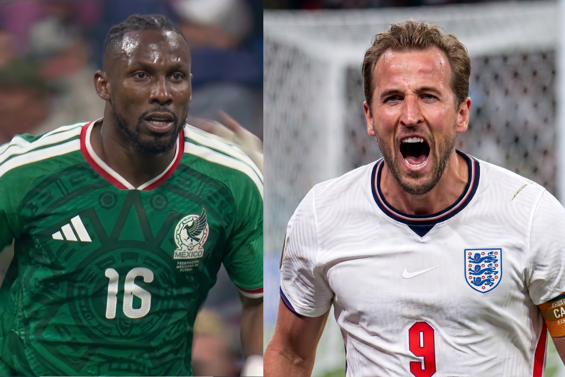 Julián Quiñones (México) y Harry Kane (Inglaterra). Captura de pantalla.