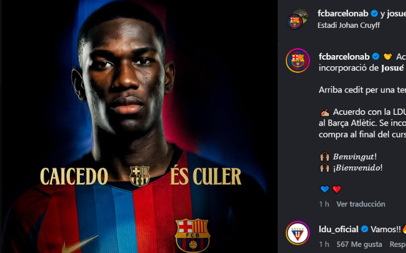 Josué Caicedo, nuevo refuerzo del FC Barcelona. Captura de pantalla.