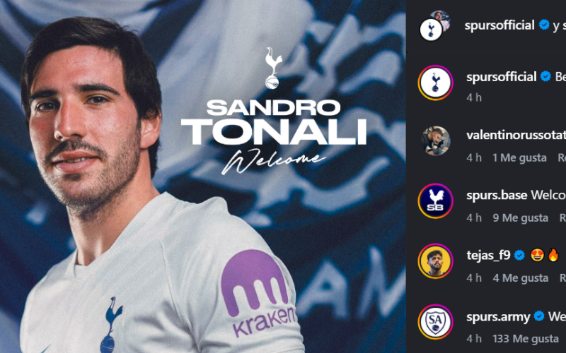 Tottenham oficializa el fichaje de Sandro Tonali. Captura de pantalla.