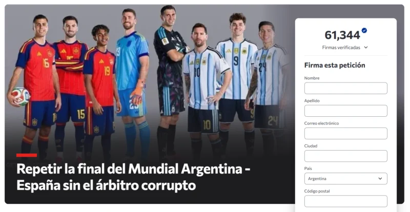 ¿Se repite la final del Mundial? La polémica petición de Argentina Campaña para repetir la final del Mundial 2026. Captura de pantalla: Change.org.
