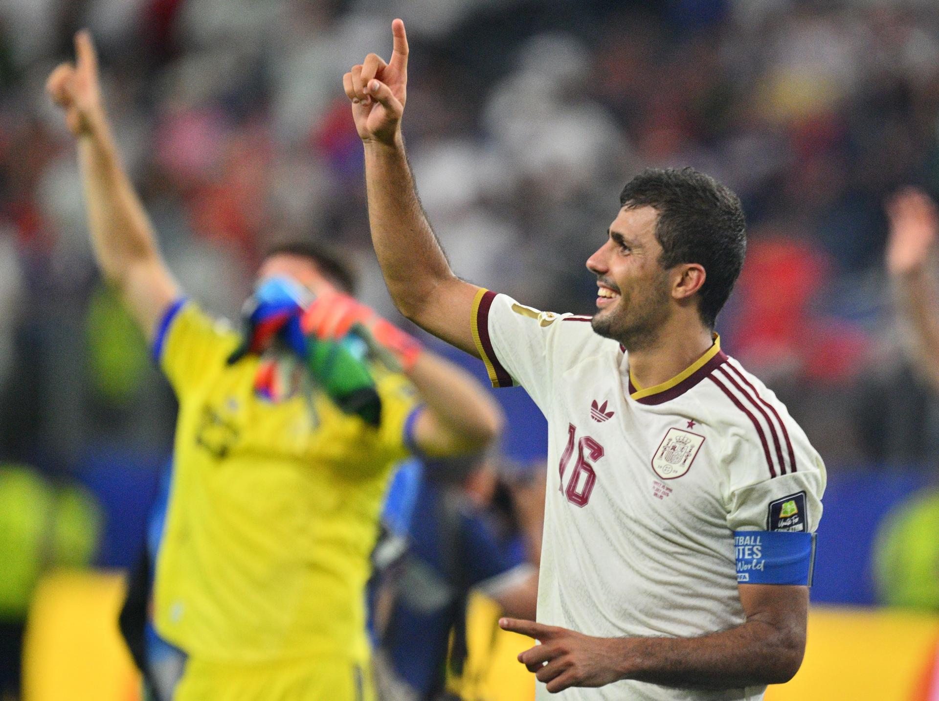 El jugador español Rodri tras ganar el partido de semifinales de la Copa Mundial de la FIFA 2026 entre Francia y España, en Dallas, EE. UU. EFE/EPA/SAM WASSON