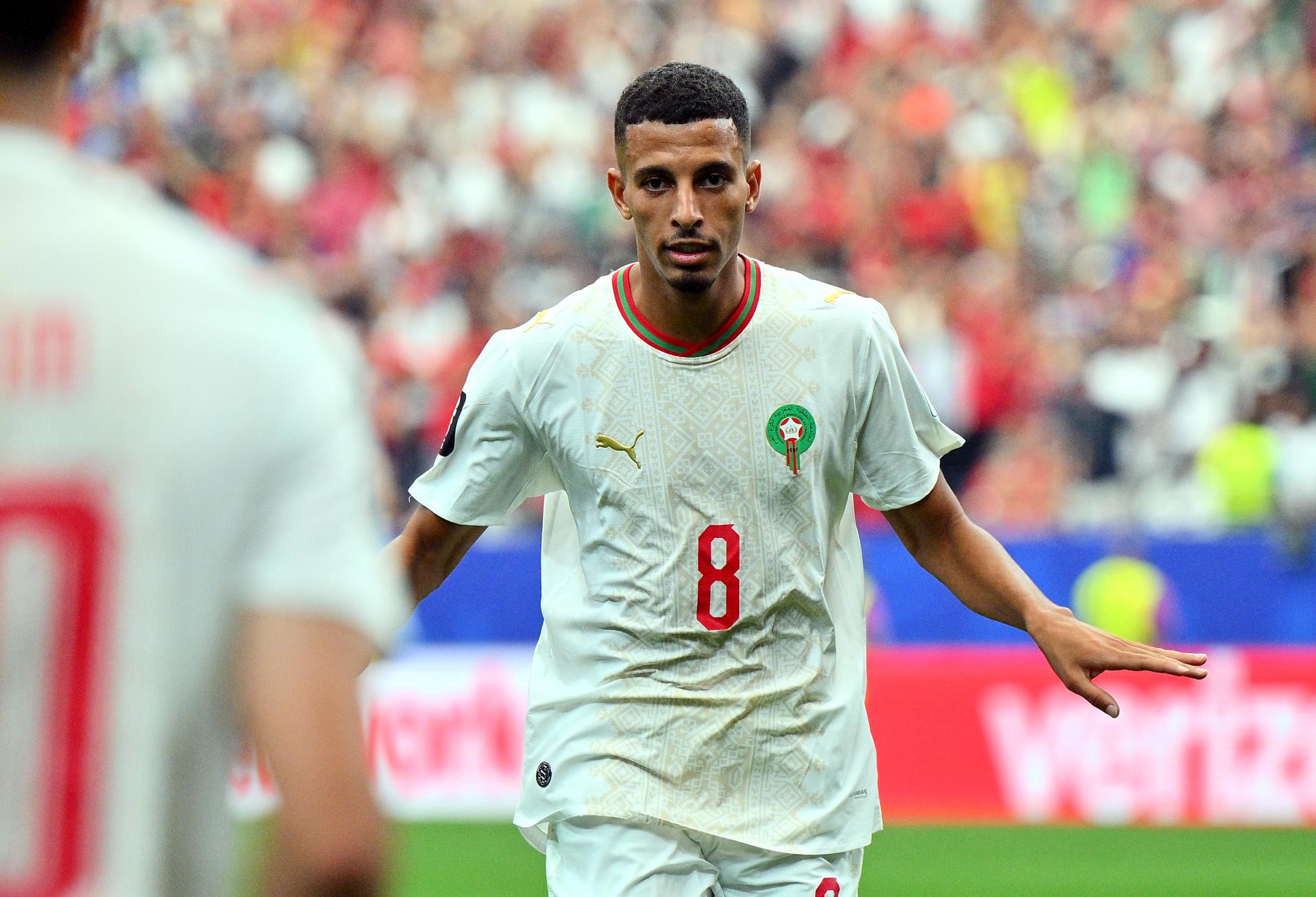 Azzedine Ounahi, de Marruecos, celebra tras marcar el 2-0 durante el partido de octavos de final del Mundial 2026 entre Canadá y Marruecos en Houston (EE.UU.). EFE/SAM WASSON