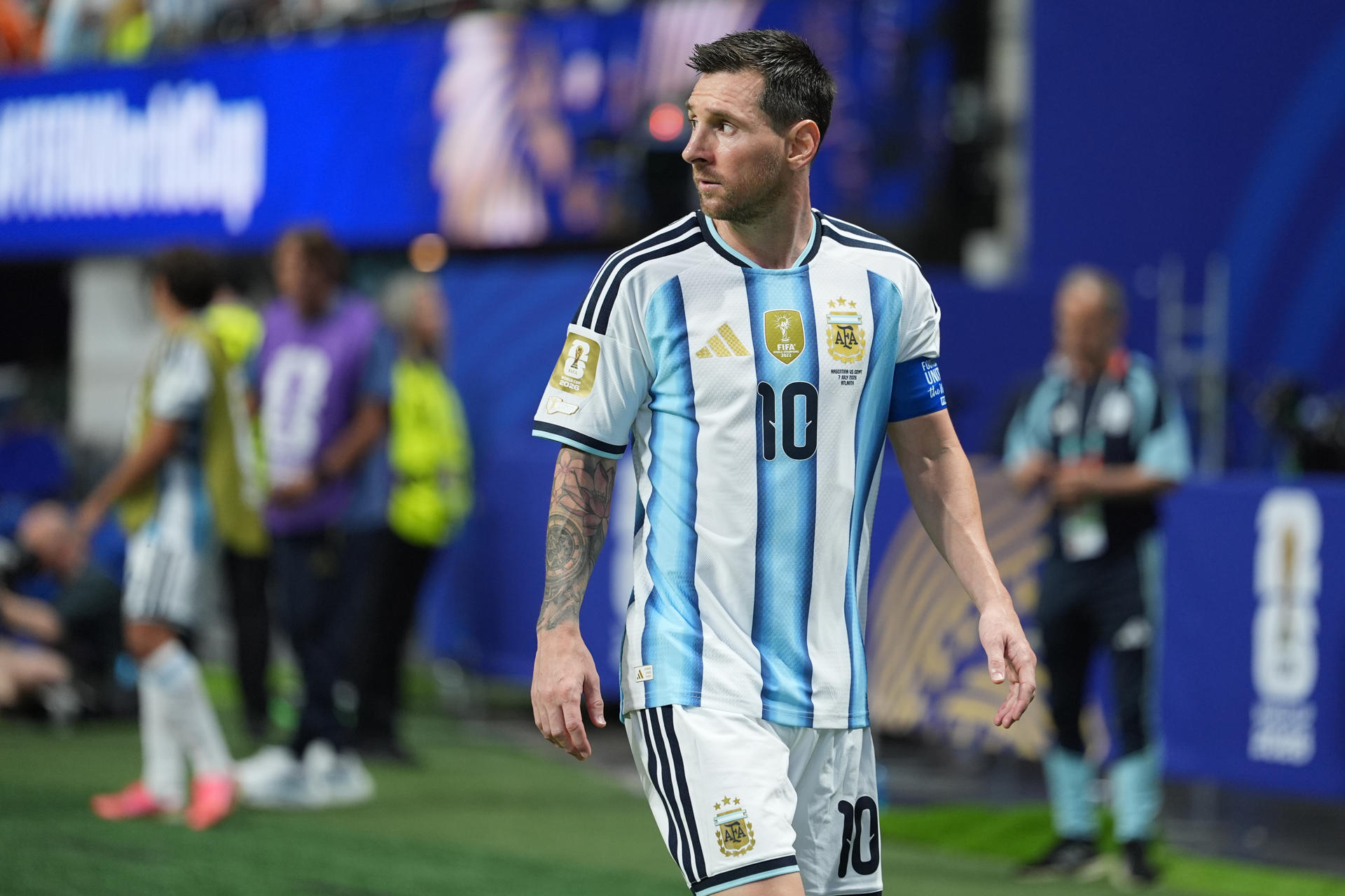 El delantero argentino Lionel Messi durante el partido de octavos de final del Mundial 2026 entre Argentina y Egipto, este martes en el Atlanta Stadium. EFE/ Alberto Boal
