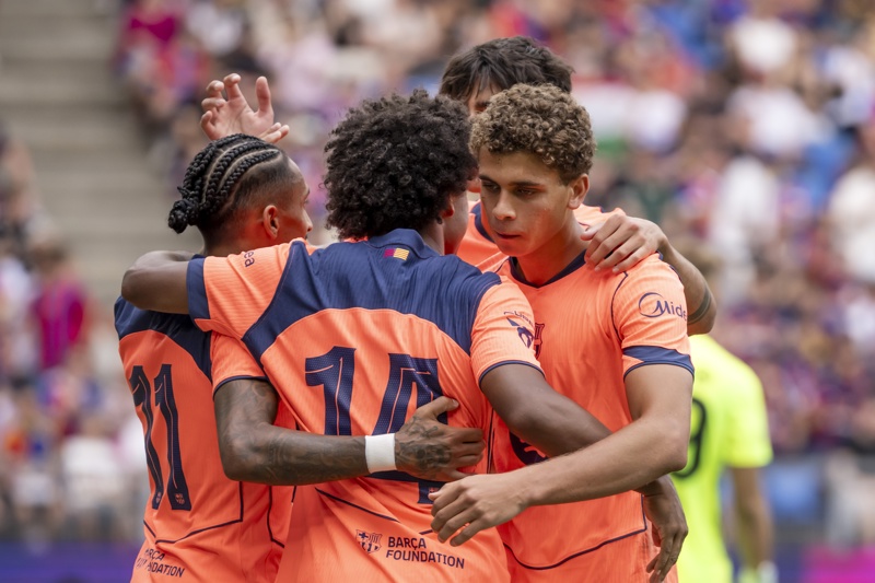 Basel (Switzerland), 16/08/2026.- Barcelona's Hamza Abdelkarim, right, cheers after scoring during a friendly soccer match between FC Basel 1893 and FC Barcelona in Basel, Switzerland, 16 August 2026. (Futbol, Amistoso, Suiza, Basilea) EFE/EPA/GEORGIOS KEFALAS