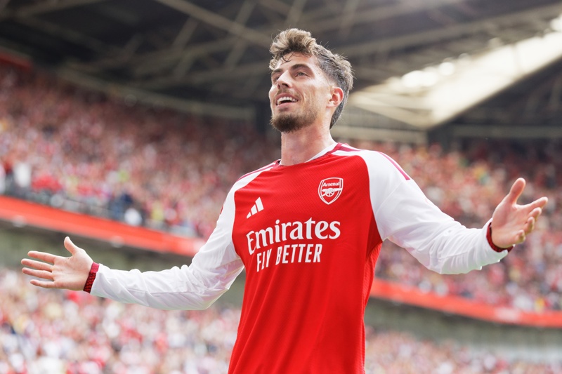 CARDIFF (United Kingdom), 16/08/2026.- Kai Havertz of Arsenal celebrates scoring the 2-0 goal during the FA Community Shield match Arsenal FC against Manchester City, in Cardiff, Wales, 16 August 2026. (Reino Unido) EFE/EPA/DIMITRIS LEGAKIS