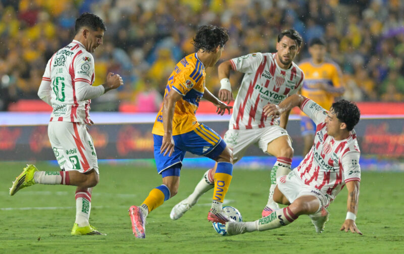 Diego lainez (c), de Tigres, disputa el balón con Lorenzo Faravelli (d), de Necaxa, este sábado durante un partido de la Liga MX. EFE/Miguel Sierra
